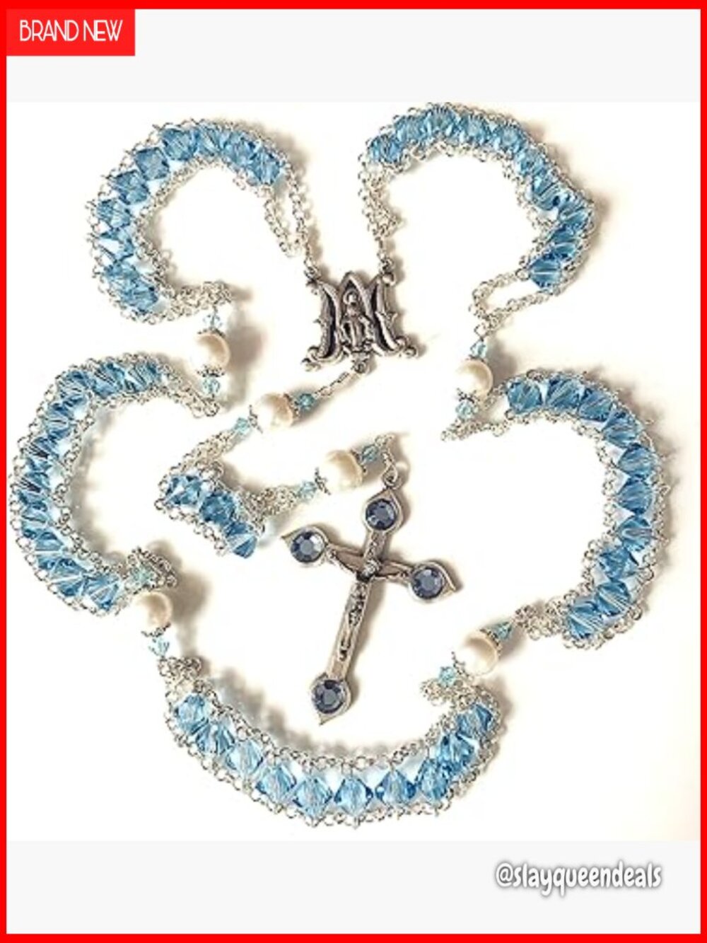 AAA Pearl & Crystal Rosary Necklace Catholic Cross Crucifix 28"